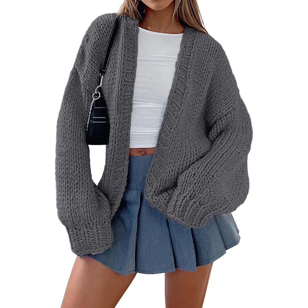 Womens Trendy Cardigan Sweaters Dark Grey Long Sleeve Chunky Knit Outfits